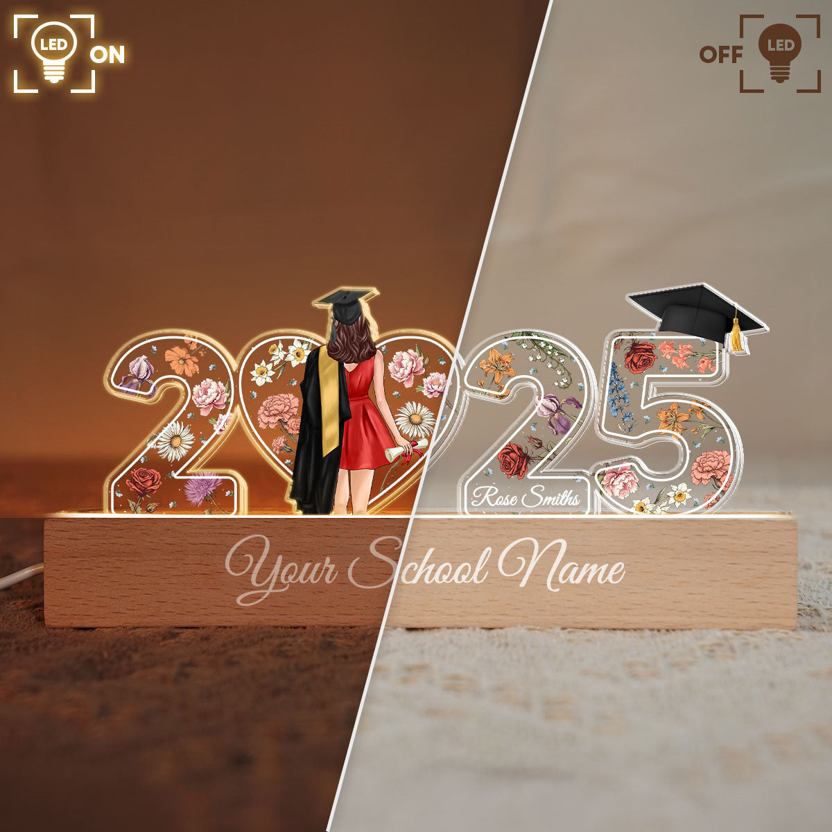 2025 Graduation Senior Flowers Personalized Custom Shape Acrylic Block LED Night Light, Graduation Gift