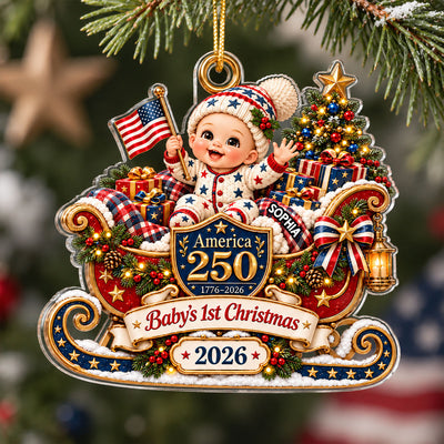 Baby On Sleigh Baby's First Christmas 2D Flat - Personalized Acrylic Ornament - 250th America 1776 - 2026 Anniversary, Patriotic Christmas Decor, Gifts for New Parents