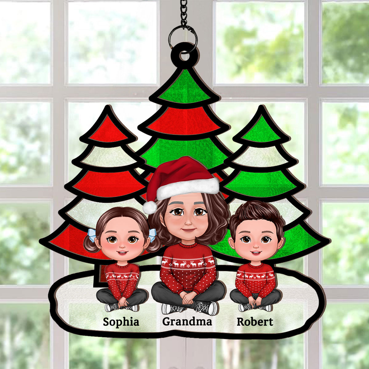 Christmas Trees Grandma Grandkids Sitting Personalized Suncatcher, Christmas Decoration