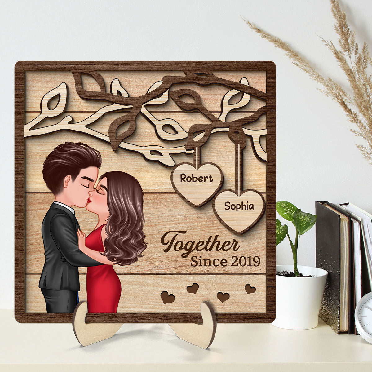 Couple Kissing Under Tree Pretty Elegant Couple Personalized 2-Layer Wooden Plaque