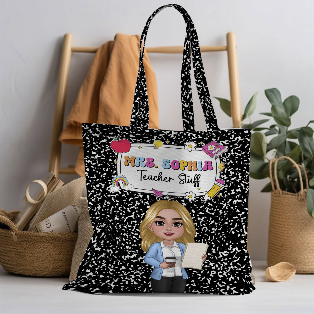 Teacher Composition Book Pattern Personalized Tote Bag, Back To School Gift For Teacher