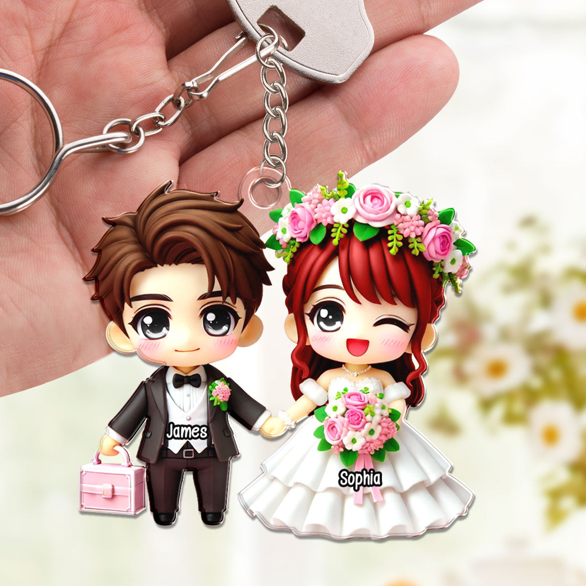 3D Effect Wedding Cartoon Chibi Couple Personalized Acrylic Keychain, Gift for him, Gift for her