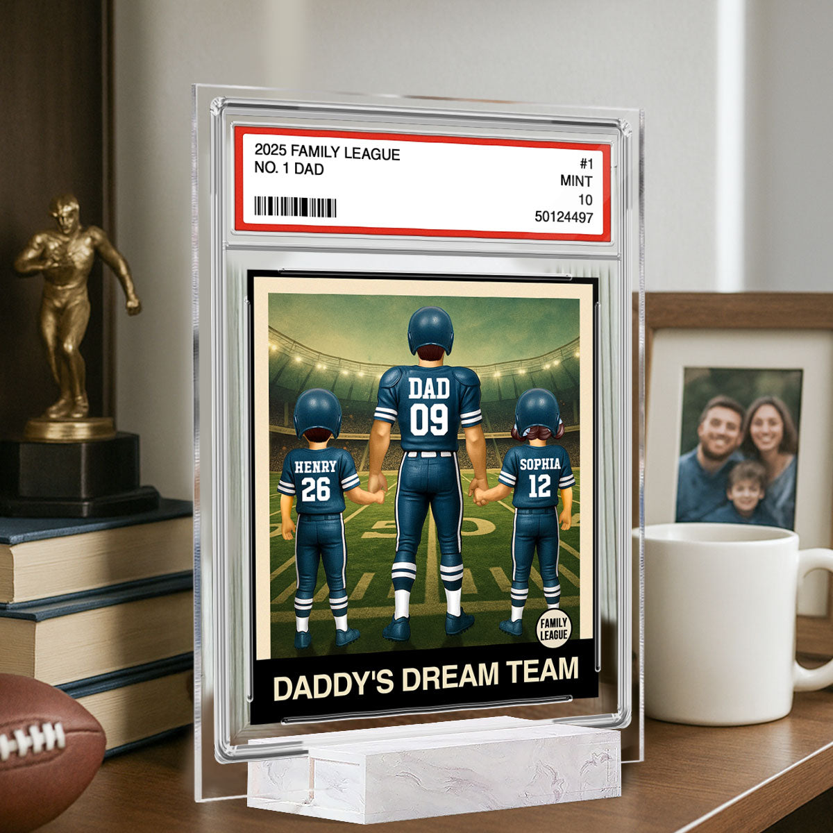 Football No. 1 Dad Man & Kids Trading Card Style Personalized Acrylic Plaque