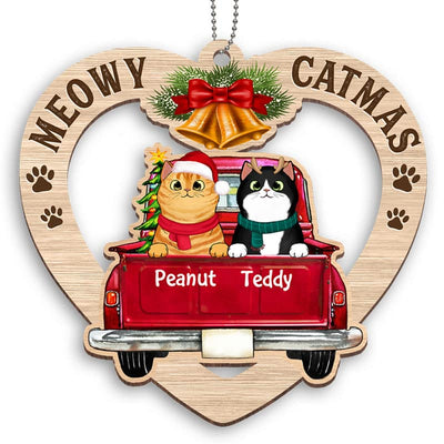 Heart Shape Peeking Cats In Christmas Truck Personalized Wooden Ornament