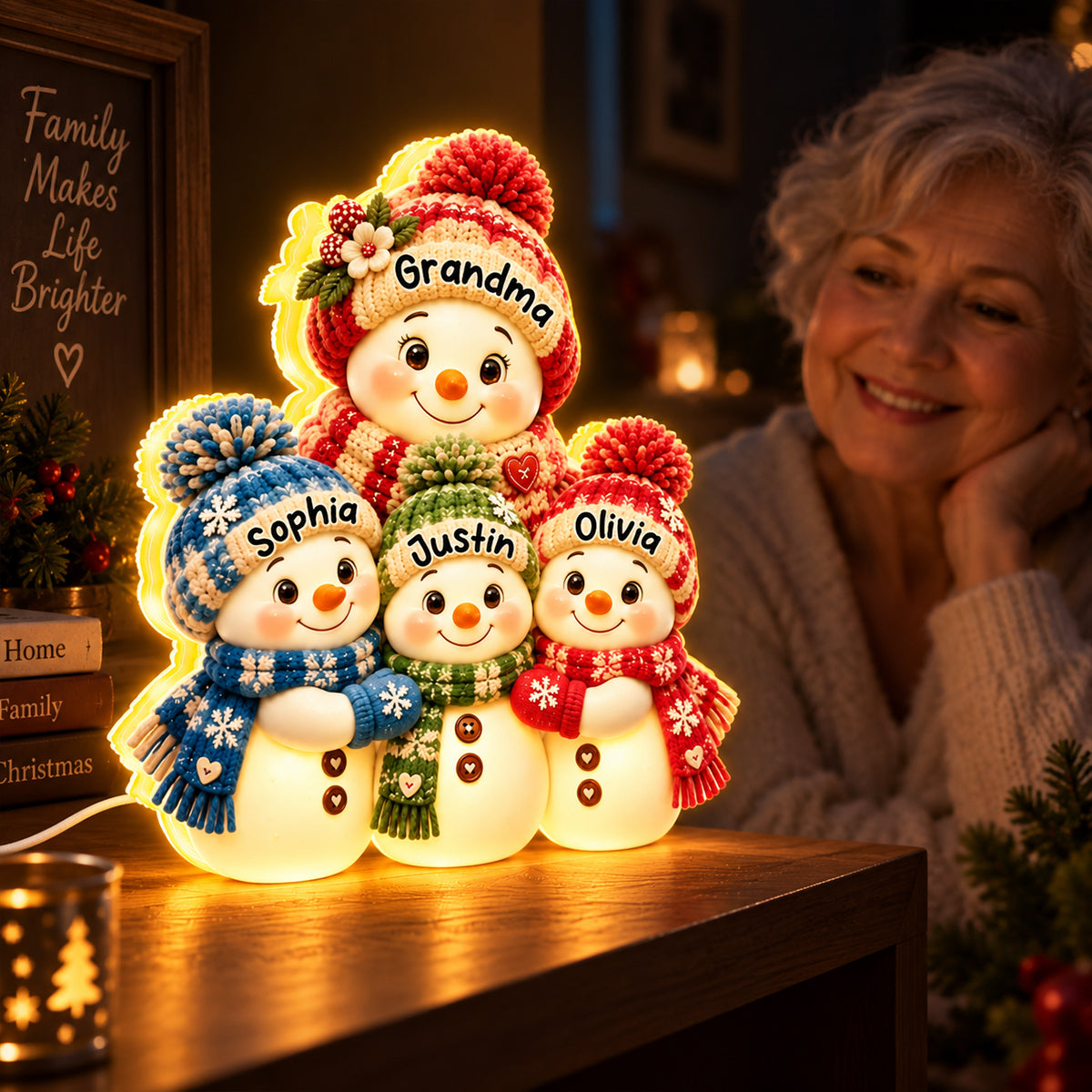 Cute Snowman Grandma Hugging Grandkids - Personalized Light Box - Heartfelt Christmas Gift for Grandma