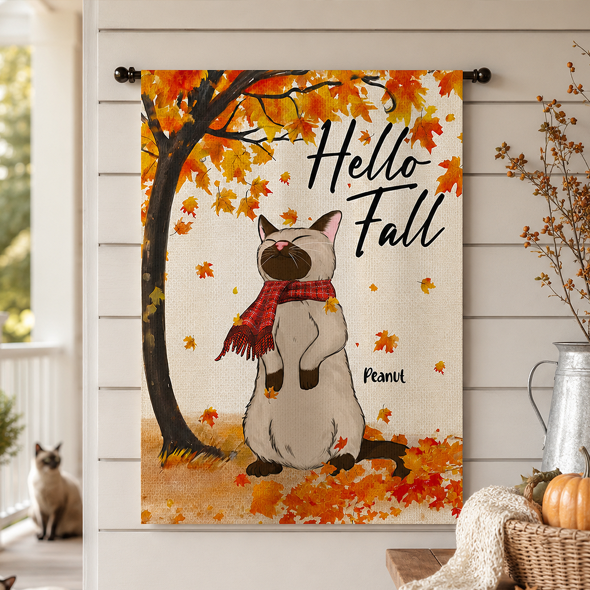 Hello Fall Cute Cat Standing In Fall Breeze - Personalized Garden Flag - Fall Season Decor For Cat Lover