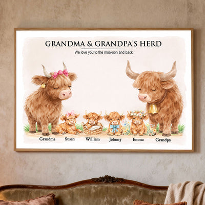 Grandma and Grandpa's Herd Highland Cow Family - Personalized Poster - Gift for Grandma, Grandpa
