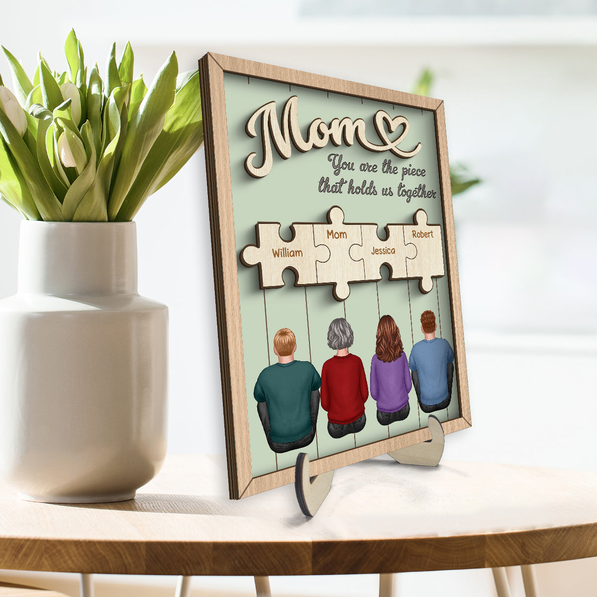 Mom You Are The Piece That Holds Us Together Puzzle Personalized 2-Layer Wooden Plaque