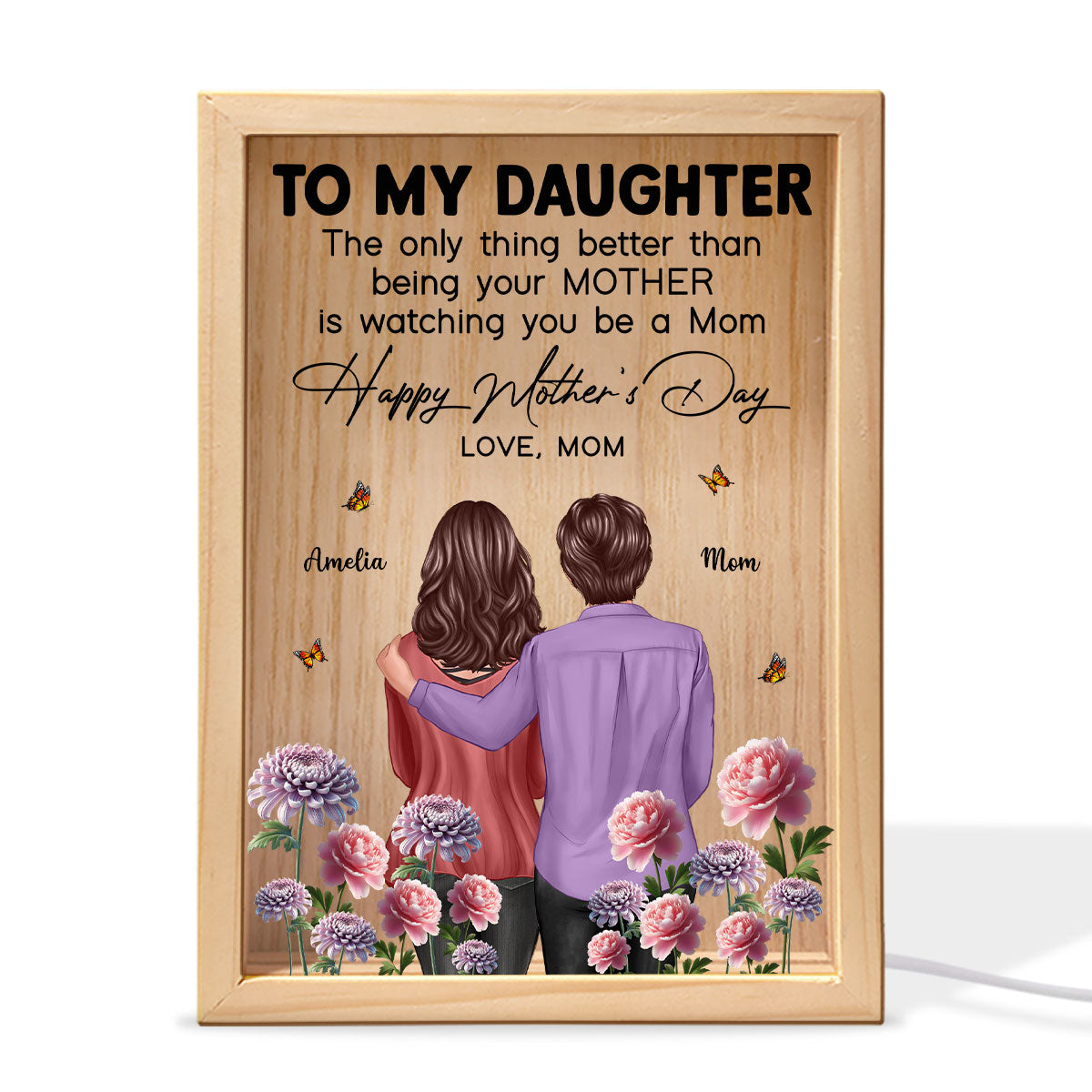 To My Daughter From Mom Happy Mother's Day Birth Flower Personalized Wooden Frame LED Light Box, Gift For Daughter