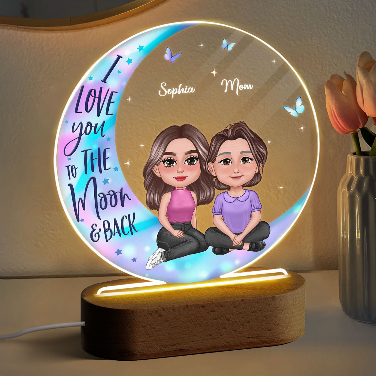Pretty Doll Mother Daughter Sitting On Moon Personalized Circle Plaque LED Night Light