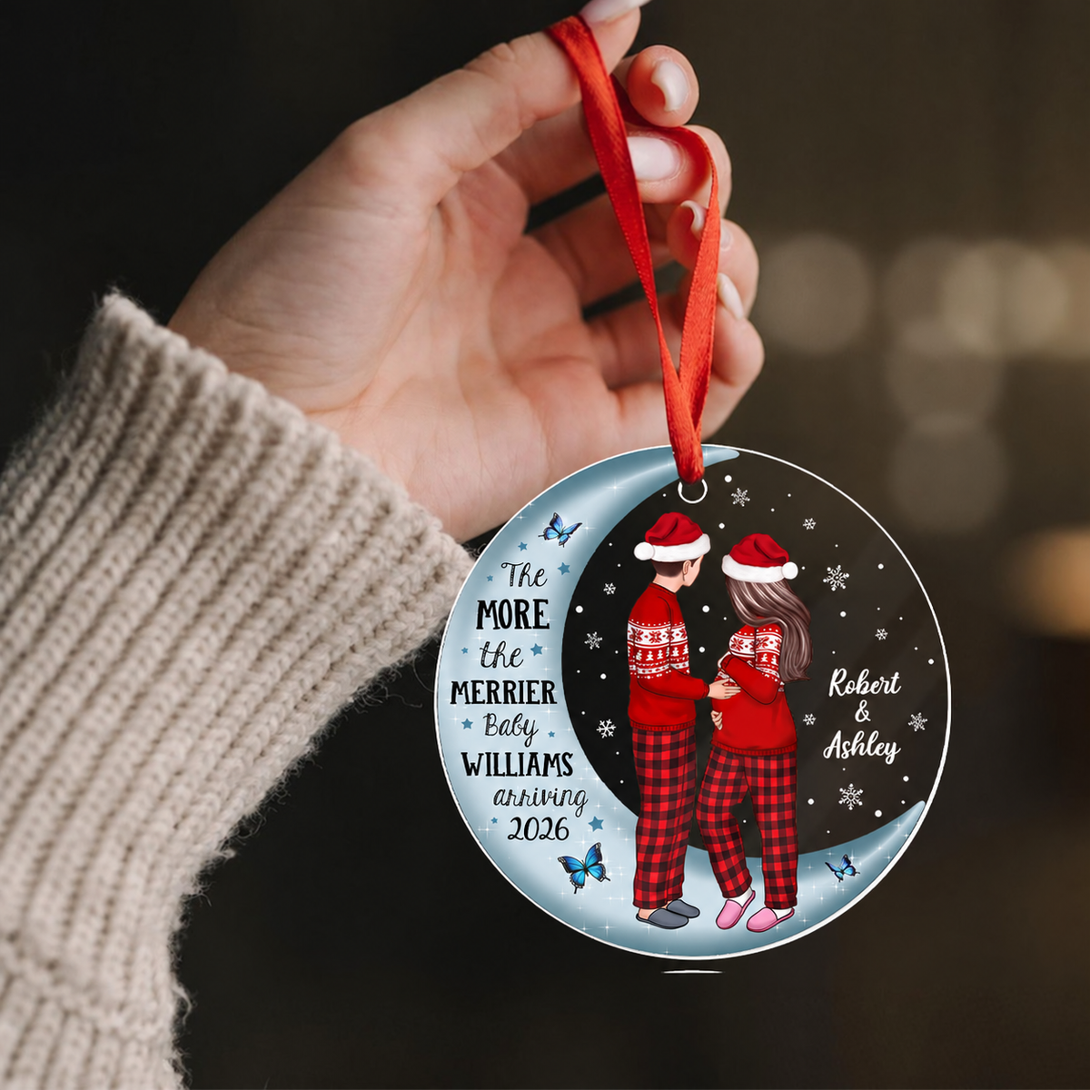 Pregnancy Custom Family On Moon, Expecting New Baby, Mom to be Gift Acrylic Circle Ornament