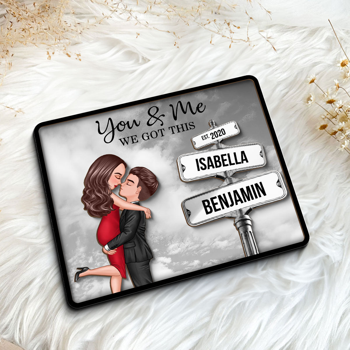Couple Hugging Milestone Together Personalized Crossroads Street Sign 2-Layered Wooden Plaque, Best Home Bedroom Desk Decor For Couples,  Gift For Her, For Him