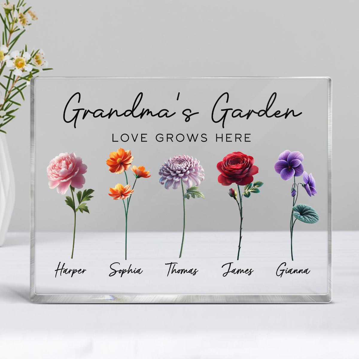 Grandma's Garden 3D Effect Birth Month Flower Personalized Acrylic Block Plaque, Gift For Grandma