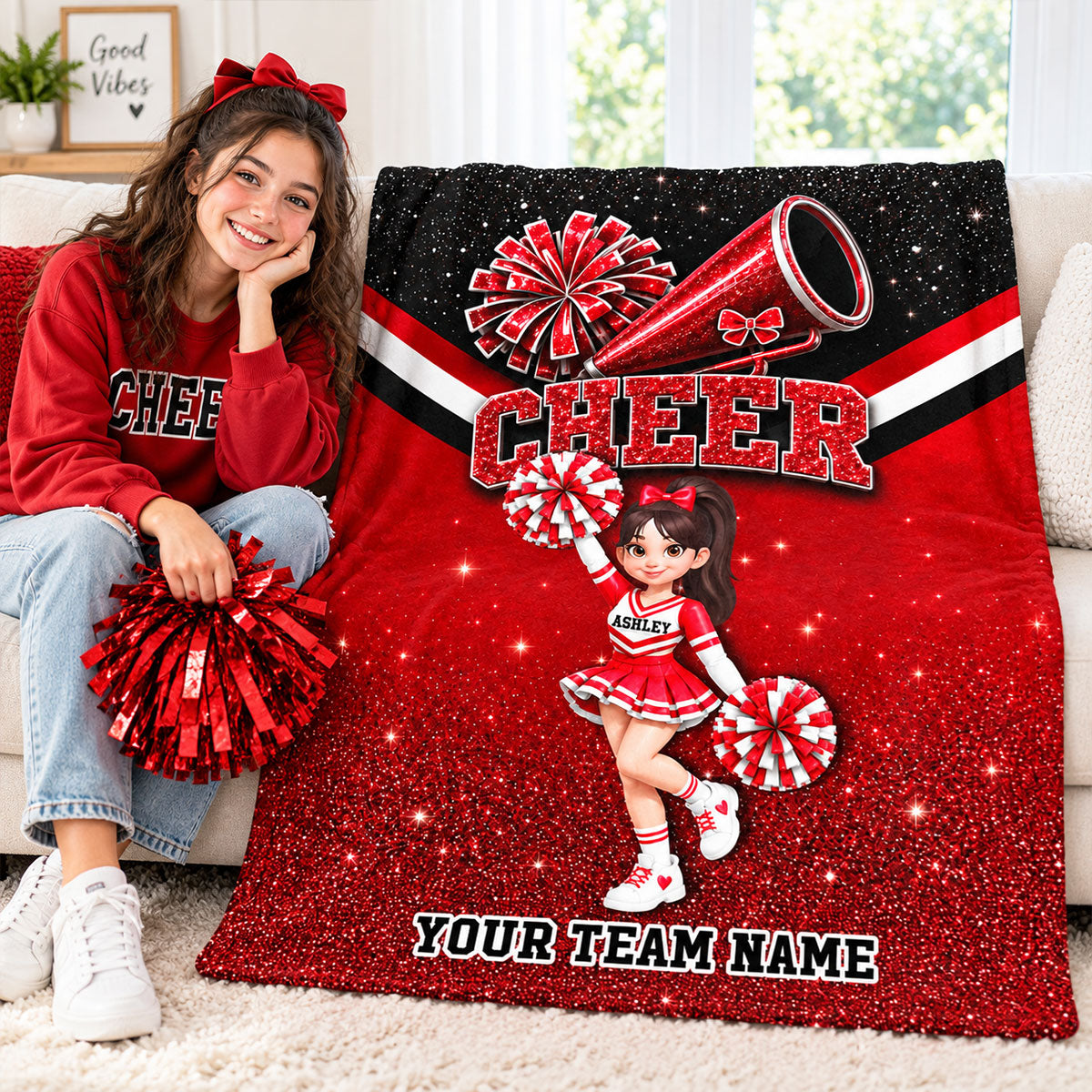 Just A Girl Who Loves Cheerleading Custom Name Team Name - Personalized Fleece Blanket - Christmas Gift For Cheerleaders, Daughter, Granddaughter
