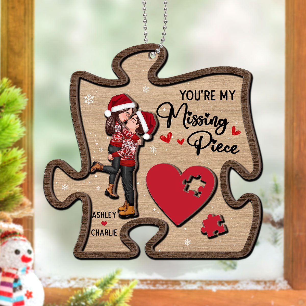My Missing Piece Couple Hugging Kissing Christmas Personalized 2-Layer Wooden Ornament