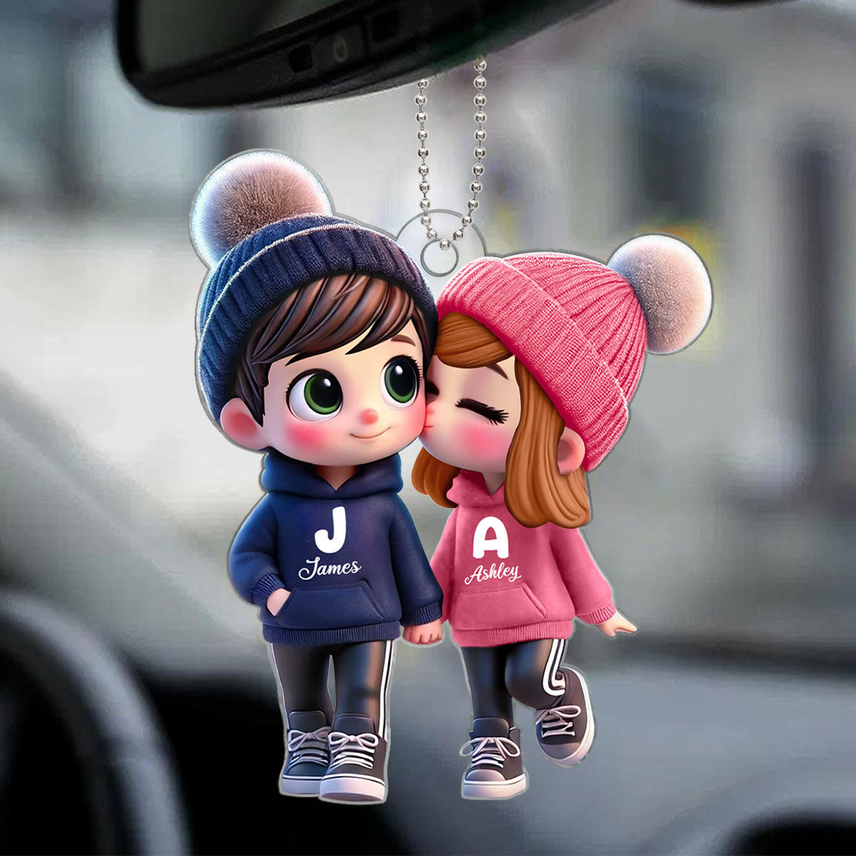 3D Effect Cute Cartoon Couple Walking Personalized Car Ornament, Gift for him, Gift for her