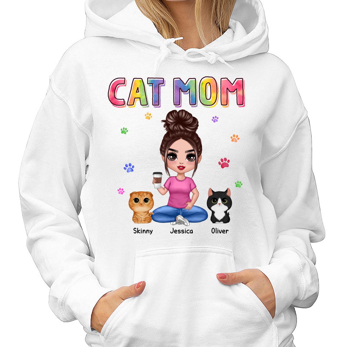 Colorful Paws Cat Mom Doll Woman Sitting With Watercolor Cute Cats Personalized Shirt