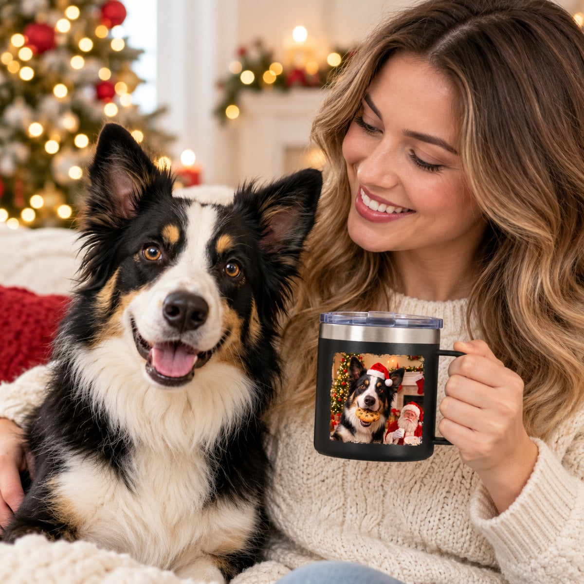 Dog Cat Steal Cookie From Santa Upload Pet Photo - Personalized Stainless Steel Tumbler With Handle - Funny Christmas Gift For Dog Lovers, Cat Lovers, Pet Lovers