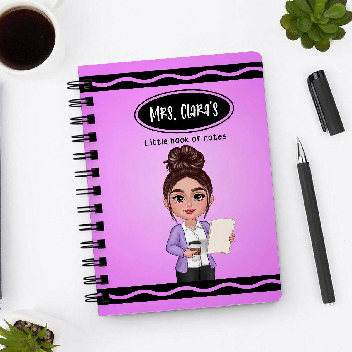 Crayon Themed Teacher Name Personalized Spiral Notebook Journal, Back To School Stationery