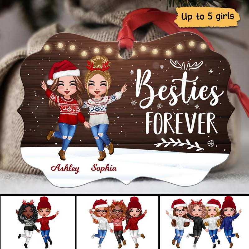 Snow Background Happy Doll Besties Personalized Christmas Ornament