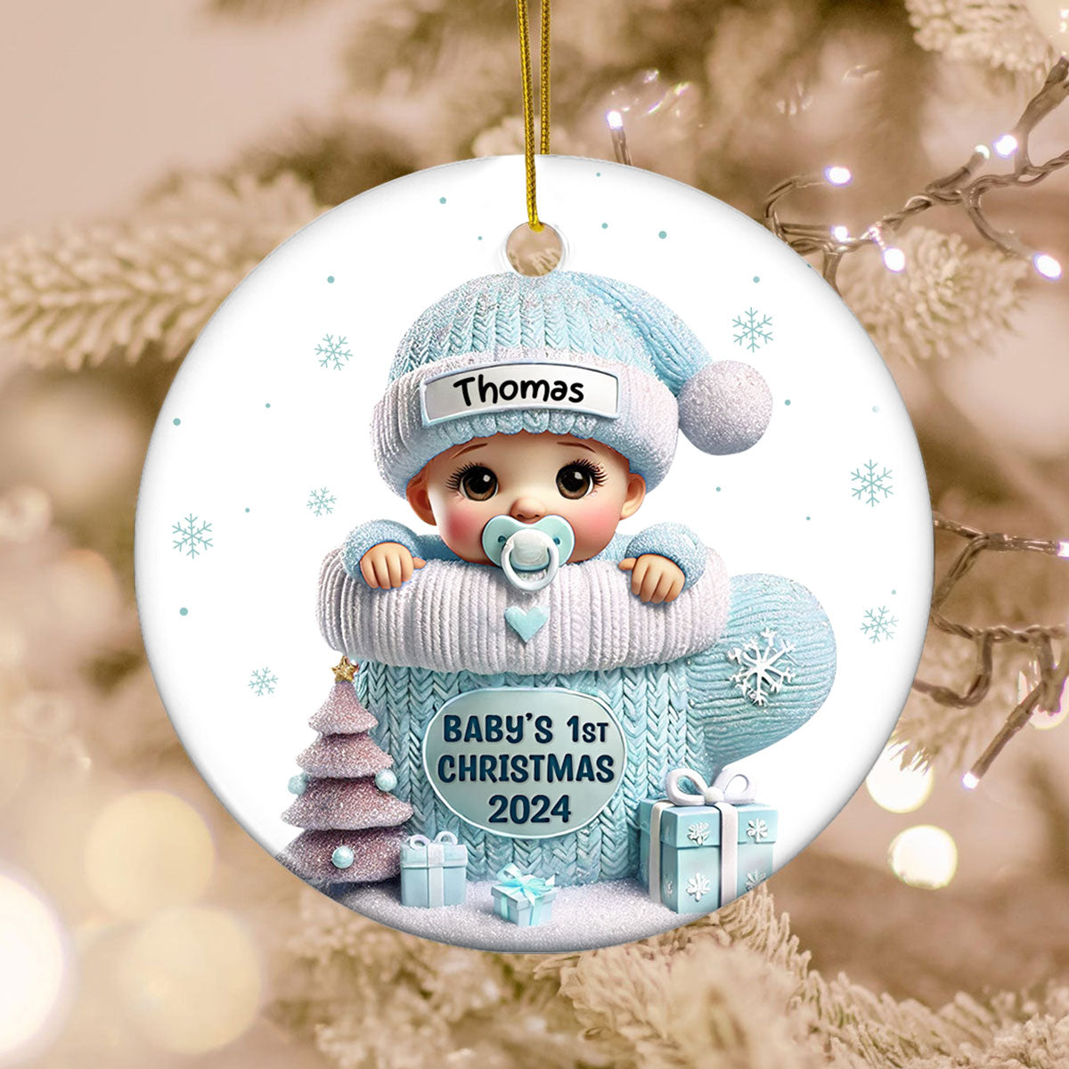 Baby In Mitten 3D Effect Baby's First Christmas Personalized Ceramic Flat Ornament