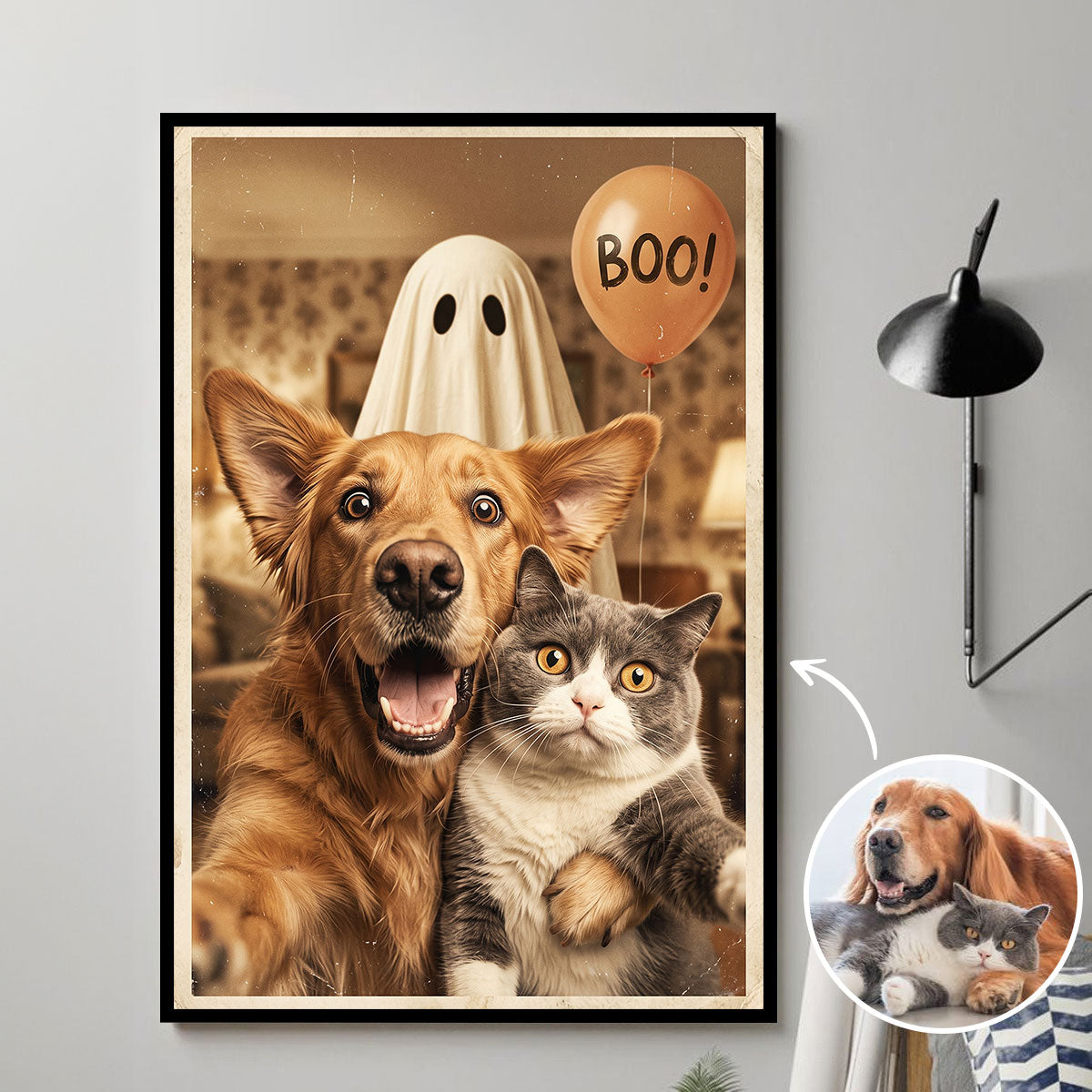 Custom Dog Cat Photo Halloween - Personalized Poster - Trendy Vintage Spooky Wall Art for Pet Lovers