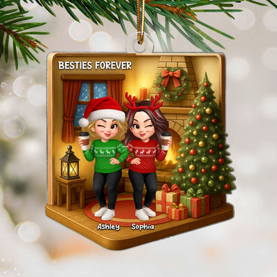 Christmas Besties Sisters In House 3D Effect Personalized Acrylic Ornament