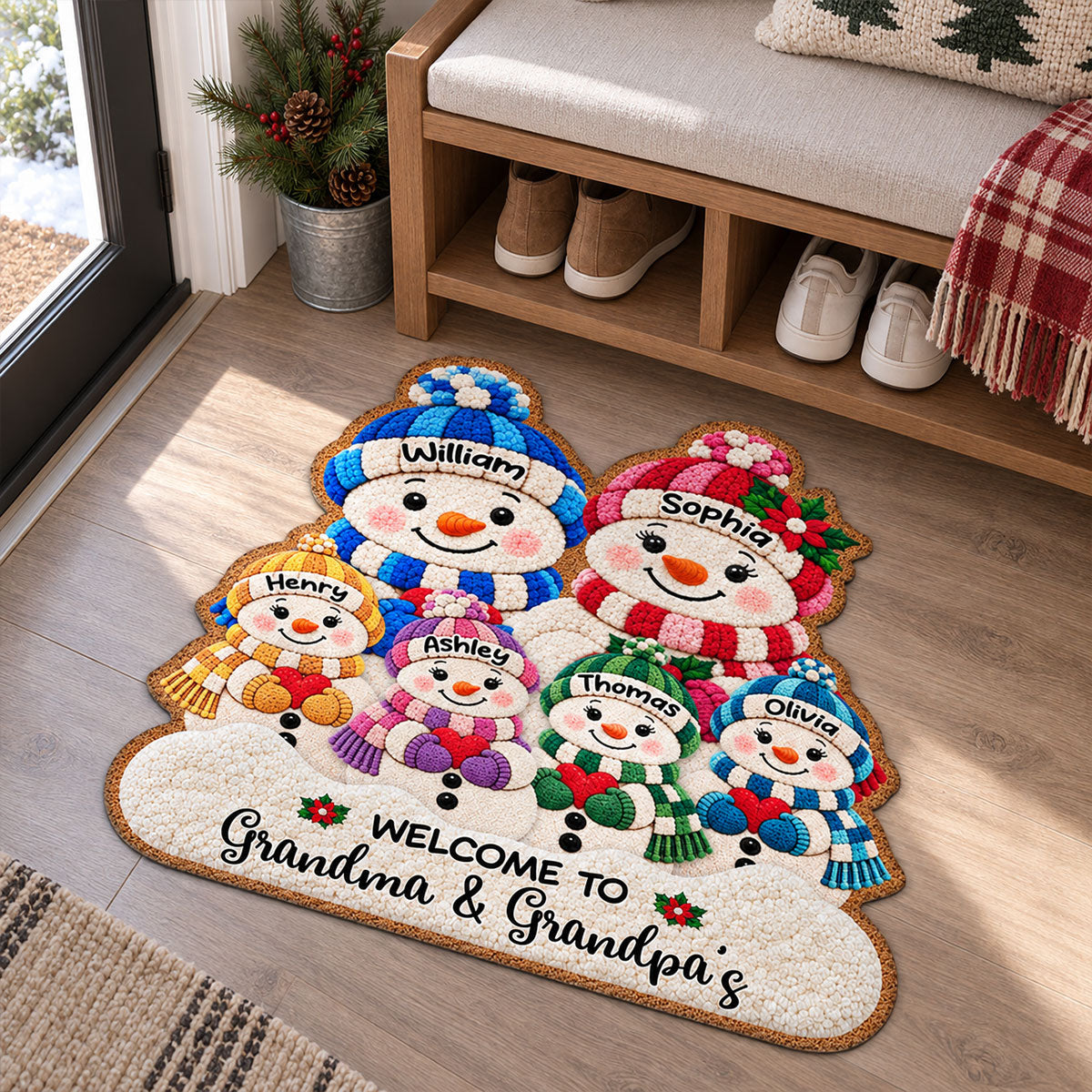 Cute Snowman Grandparents & Grandkids 2D Flat Printed - Personalized Doormat - Christmas Decor For Grandparents, Family