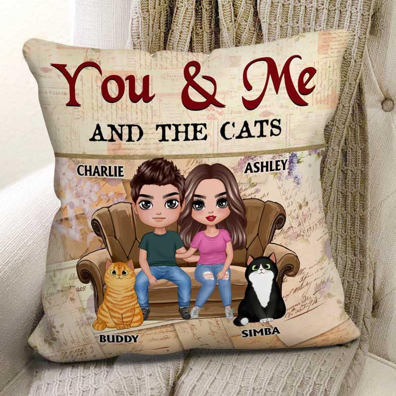 Couple And Cats Newspaper Background Personalized Pillow