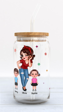 Best Mom Grandma Ever Pretty Woman & Kids Personalized Clear Glass Can