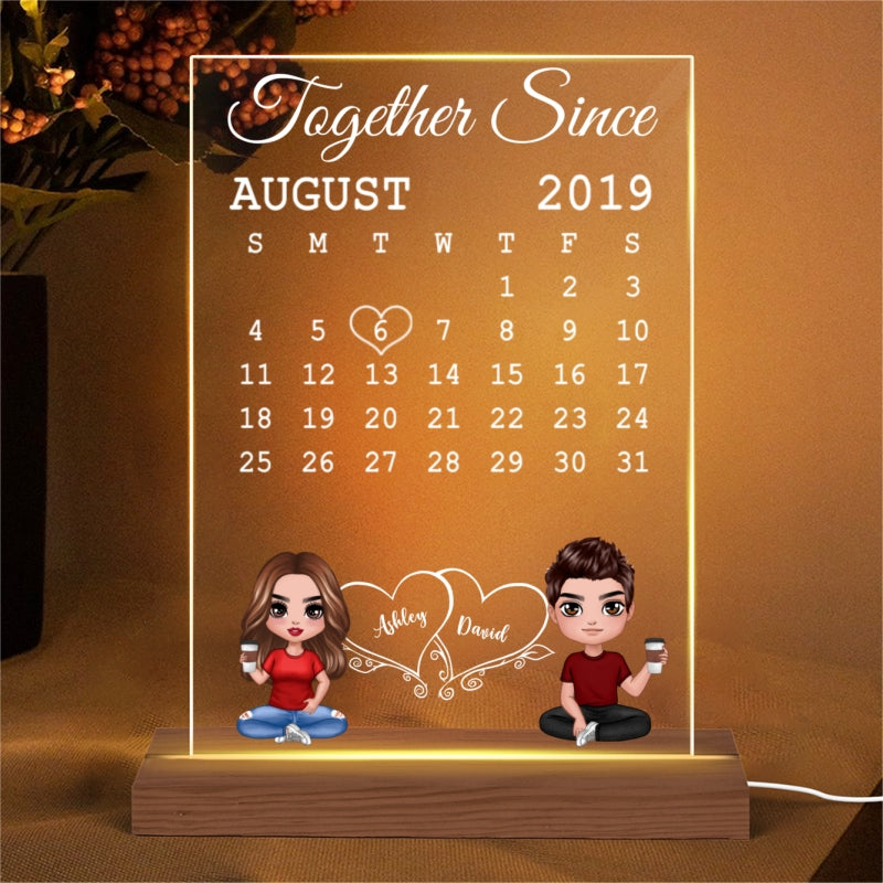 Doll Couple Sitting Calendar Anniversary Date Gift For Him For Her Personalized Rectangle Acrylic Plaque LED Lamp Night Light