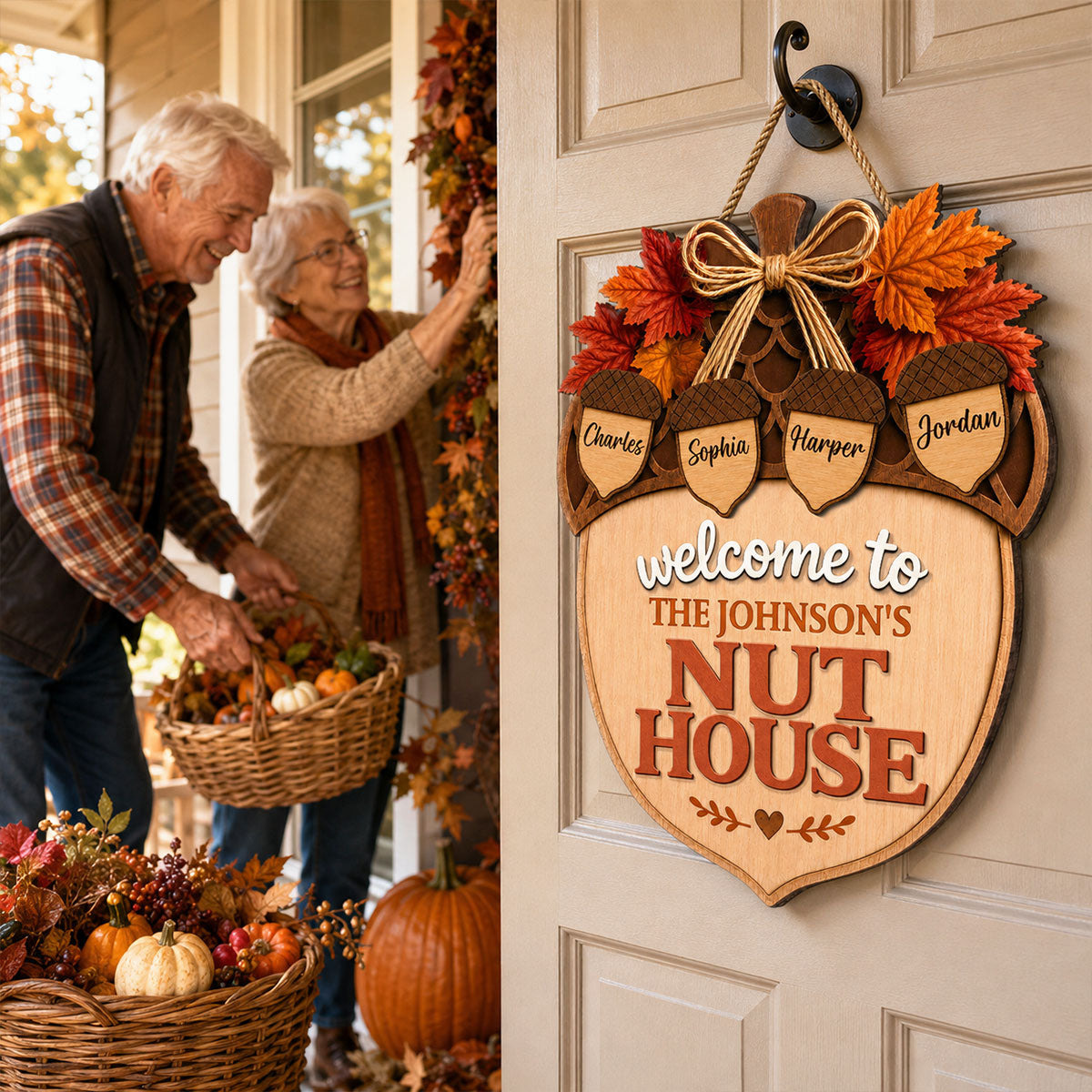 Welcome To The Nut House 2D Flat Printed - Personalized Door Hanger - Fall Season Decor For Family, Grandparents