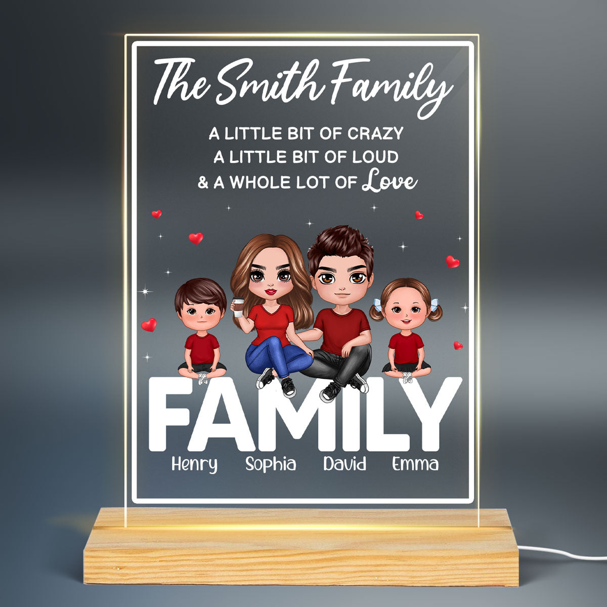 Doll Family Couple Dad Mom Kids Dogs Cats Sitting On Words Personalized Rectangle Acrylic Plaque LED Night Light