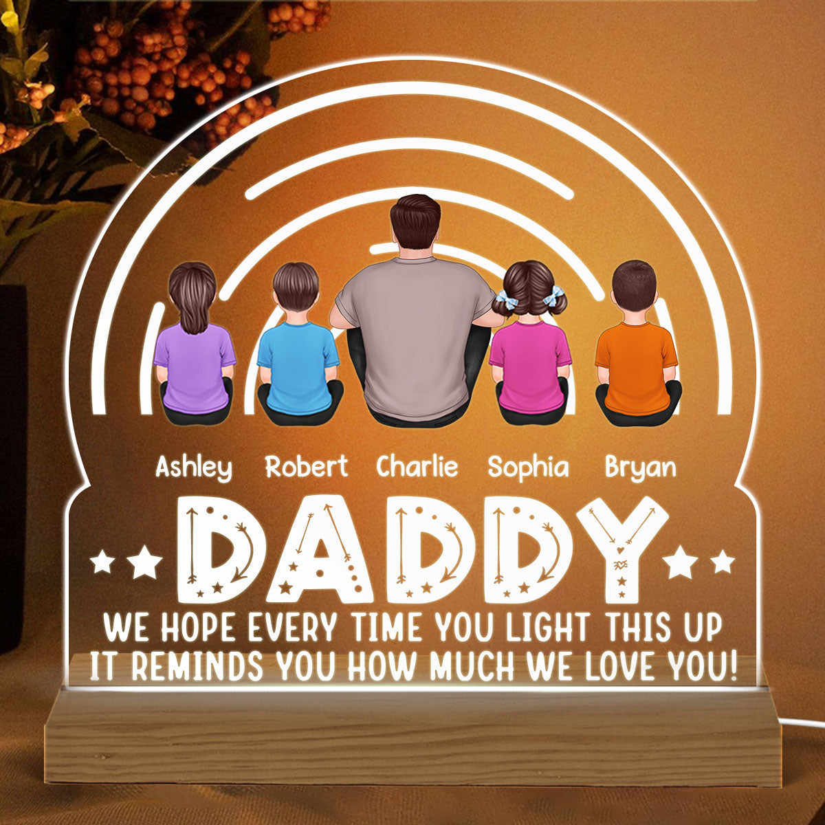 DAD Back View Man Kids Dog Cat We Hope Every Time You Light This Up Personalized Custom Shape Acrylic Plaque Warm LED Night Light