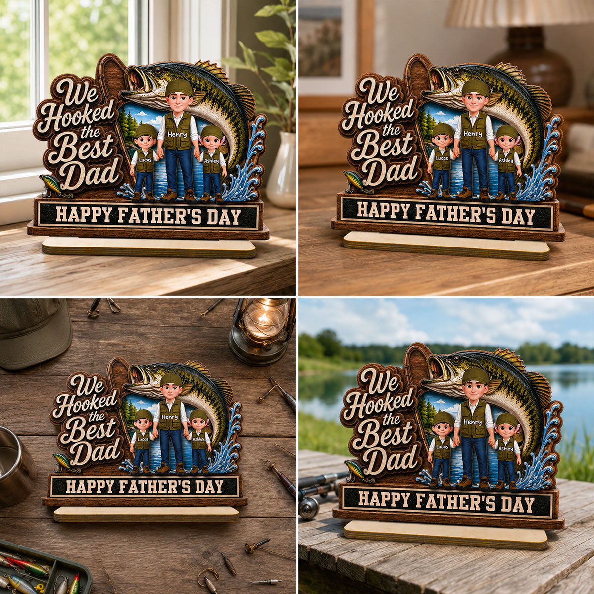 We Hooked The Best Dad Fishing Man & Kids 2D Flat - Personalized 2-Layered Wooden Plaque - Father's Day Gift For Fishing Dad