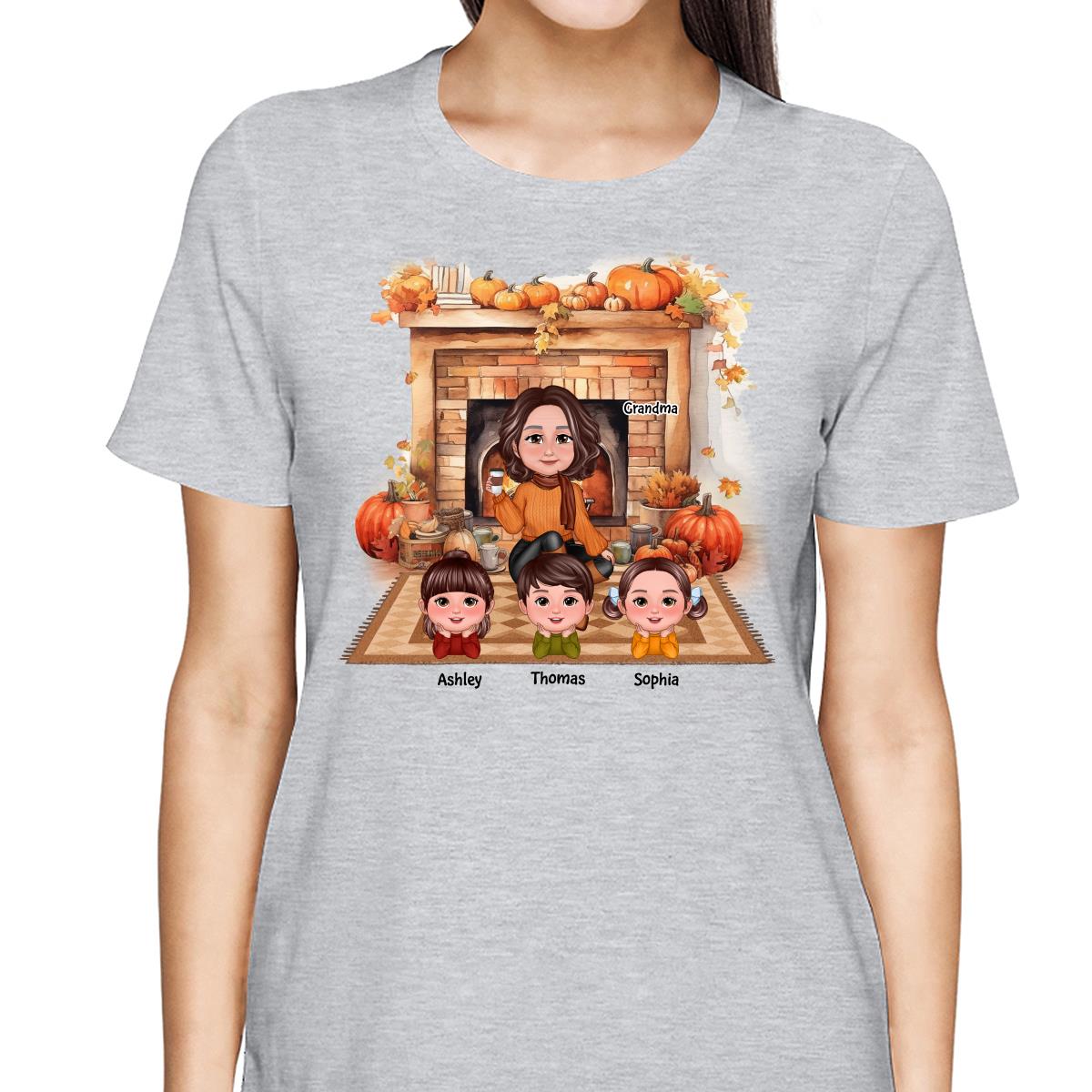 Fall Season Fireplace Grandma Mom Kids Personalized Shirt