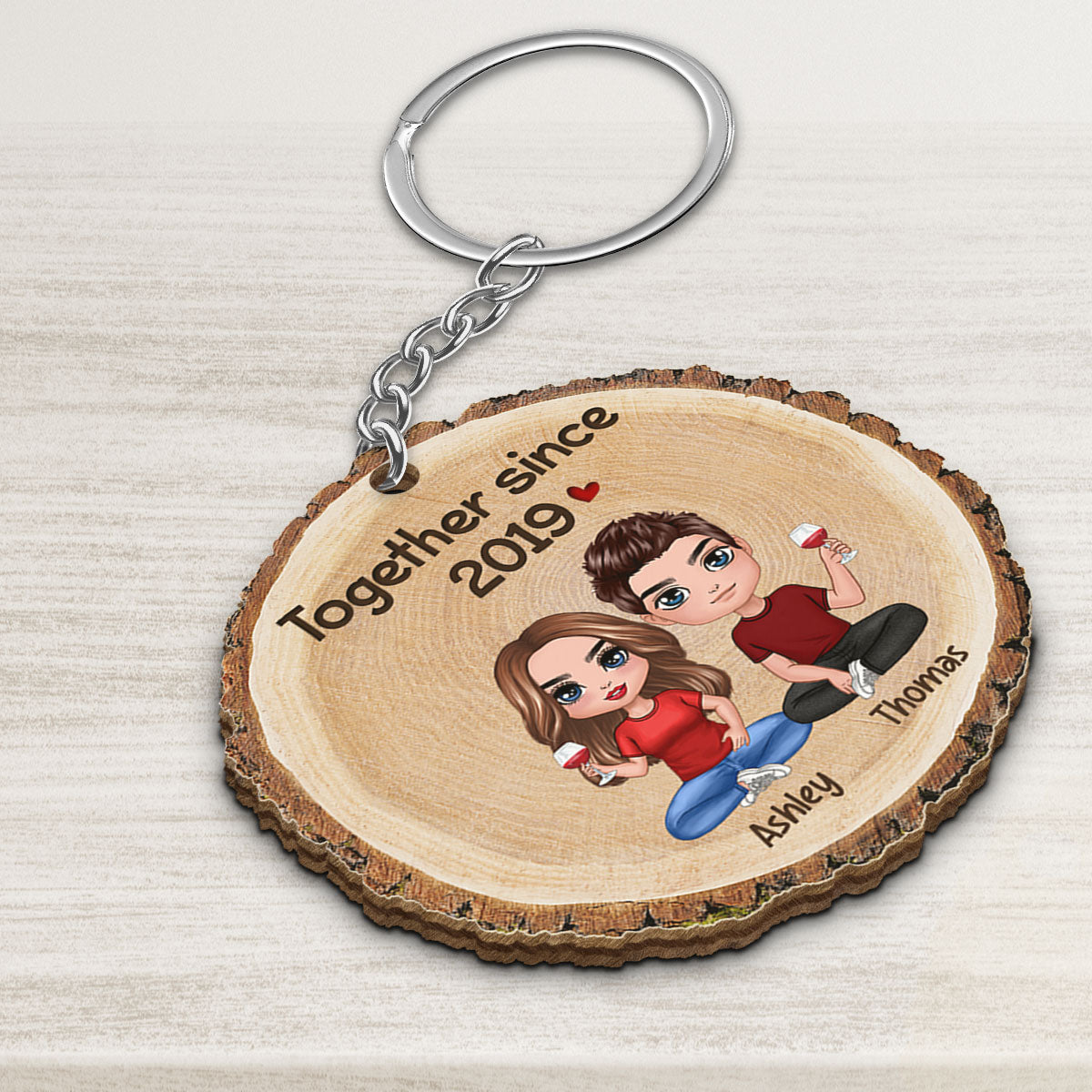 Wood Slice Texture Doll Couple Sitting Gift For Him For Her Personalized Wooden Keychain