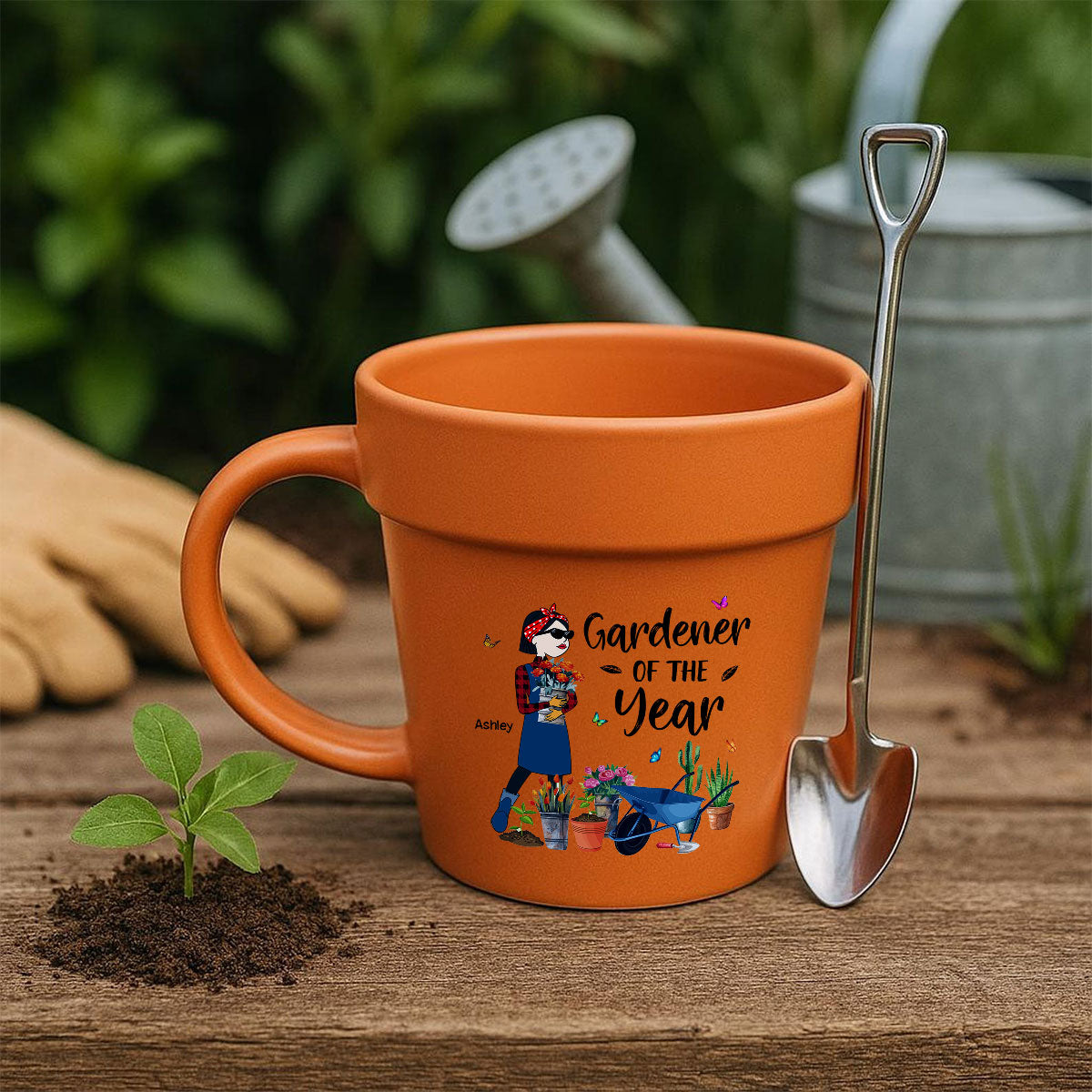 Gardener Of The Year Funny Cartoon Plant Lady Personalized Plant Pot Ceramic Mug