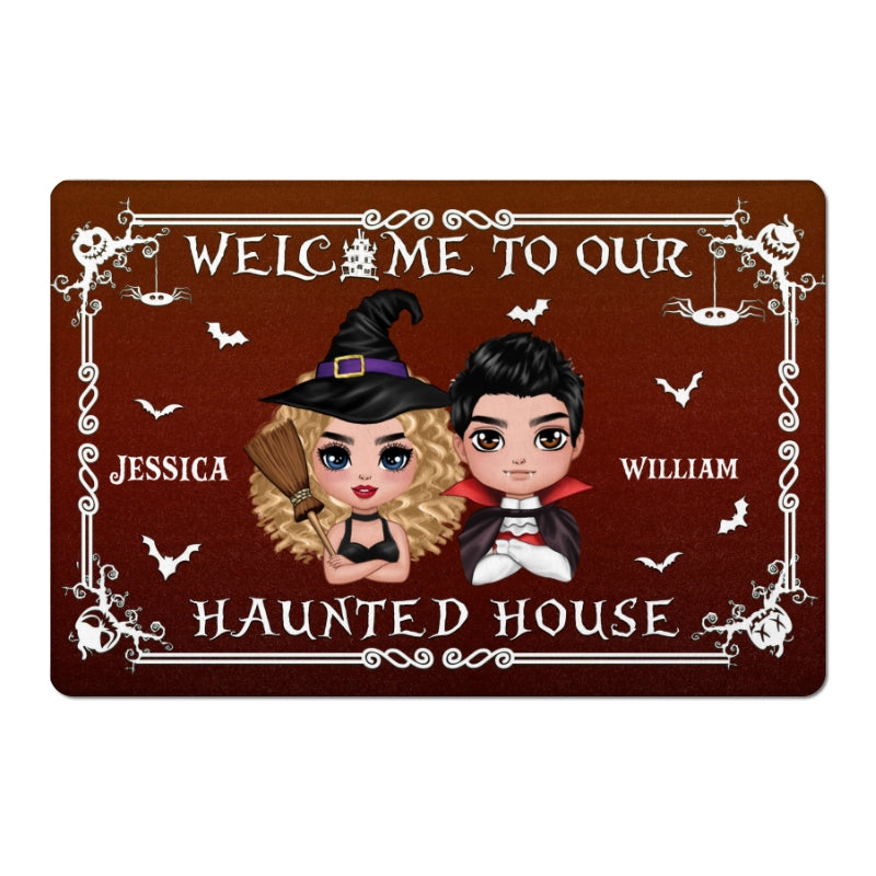 Welcome To Our Haunted House Doll Couple Halloween Personalized Doormat