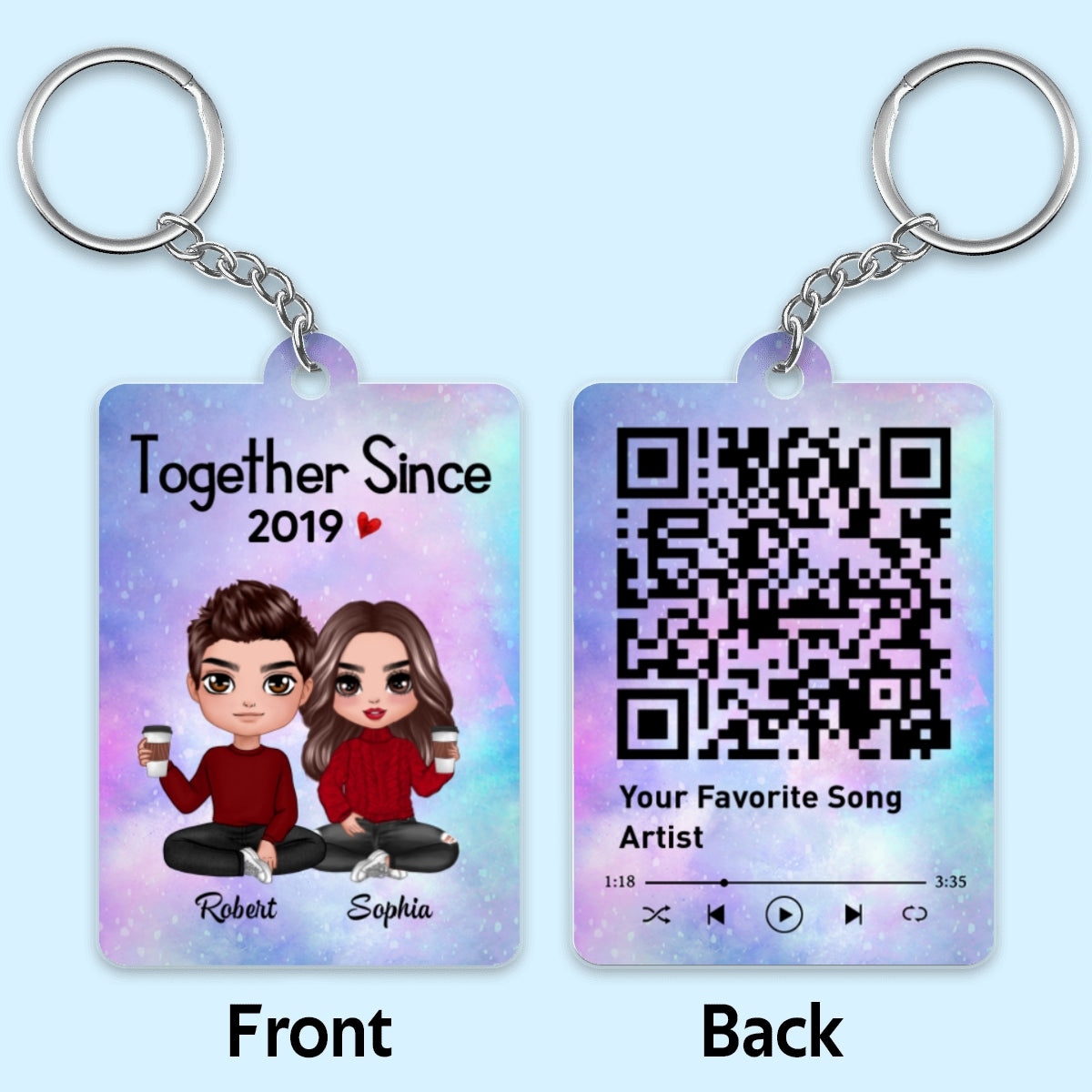 Doll Couple Sitting Together Since Favorite Song Scannable QR Code Personalized Acrylic Keychain
