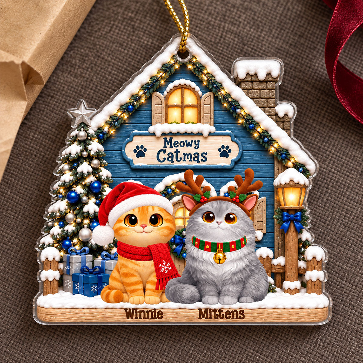 Meowy Catmas Christmas Cat House 2D Flat - Personalized Acrylic Ornament - Christmas Cat Lover Gift