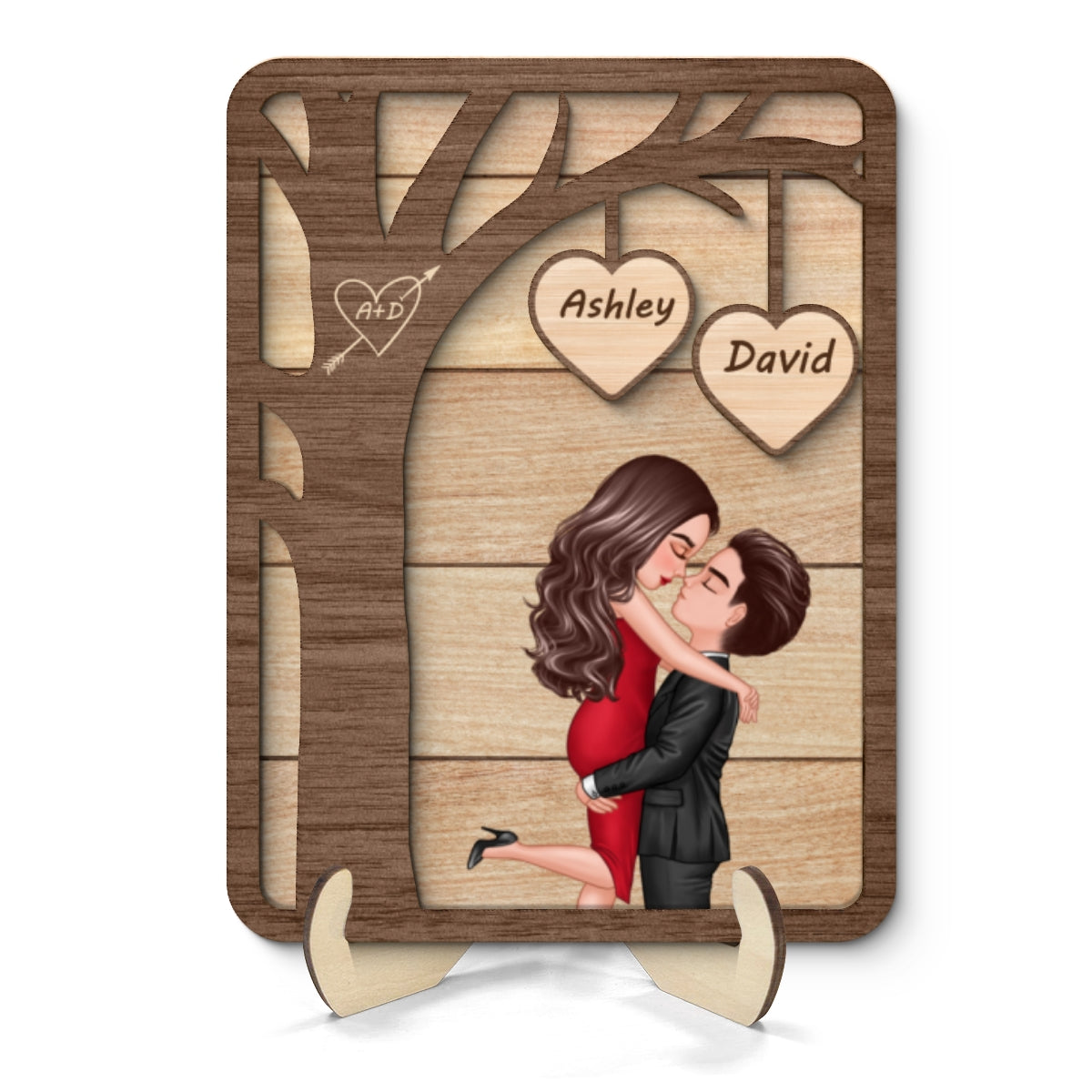 Couple Hugging Kissing Under Tree Valentine‘s Gift For Him For Her Personalized 2-Layer Wooden Plaque