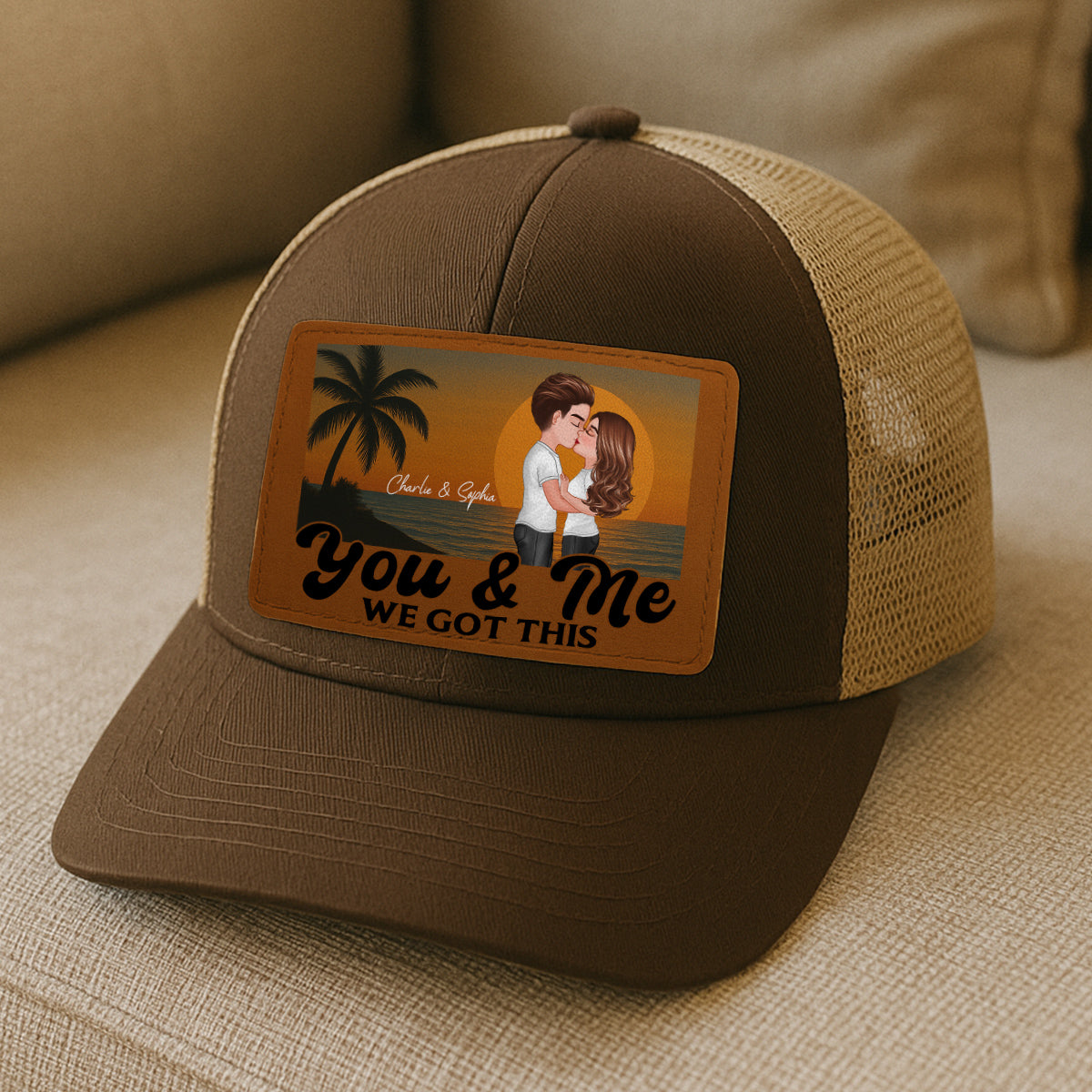 Retro Beach Summer Couple Kissing Personalized Leather Patch Hat
