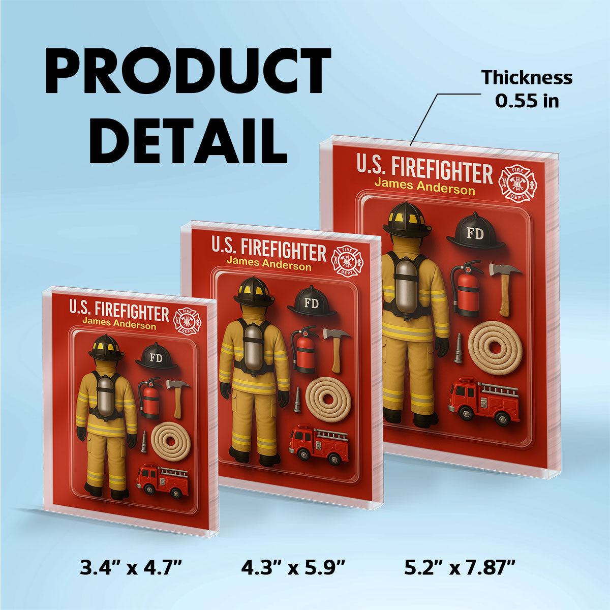 3D Effect Back View Firefighter Custom Figure Personalized Flat Rectangle Acrylic Block