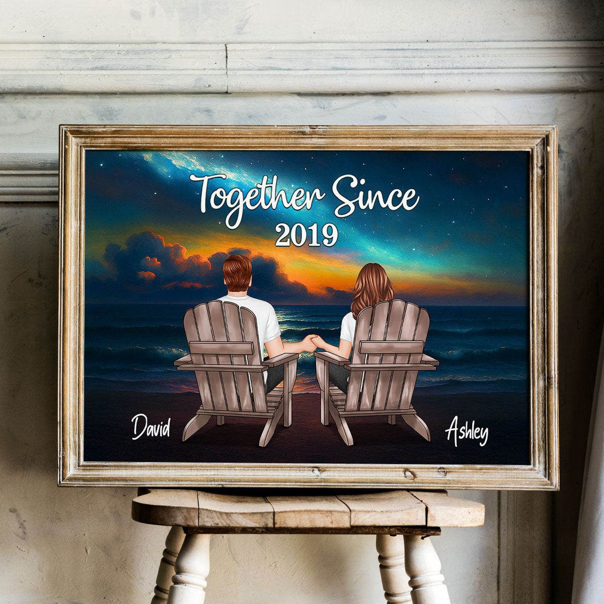 Night Beach Landscape Couple Sitting Back View Personalized Poster