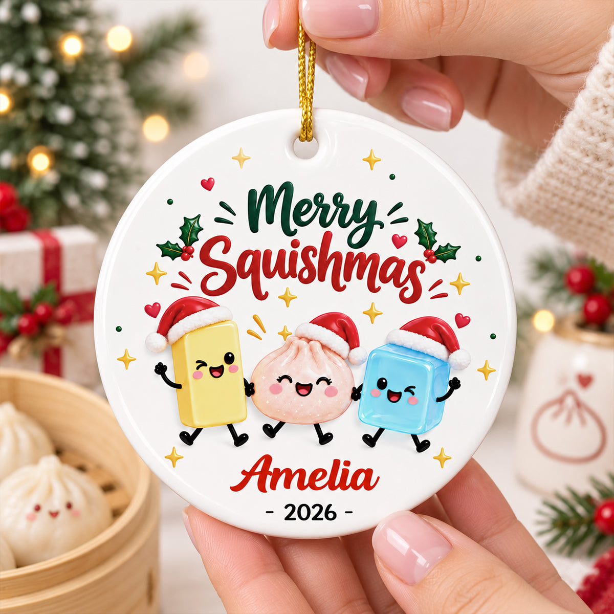 Merry Squishmas 2026 Custom Name - Personalized Ceramic Ornament - Christmas Keepsake For Squishy Hunting Lover, Viral Squishy Dumpling Trend
