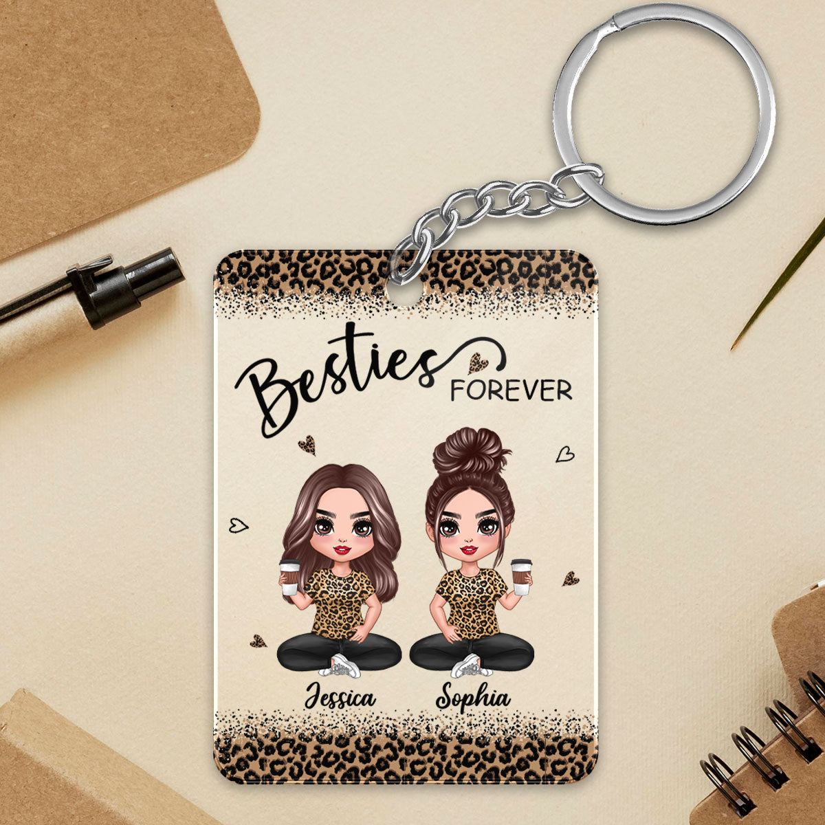 Leopard Doll Besties Sisters Sitting Personalized Acrylic Keychain
