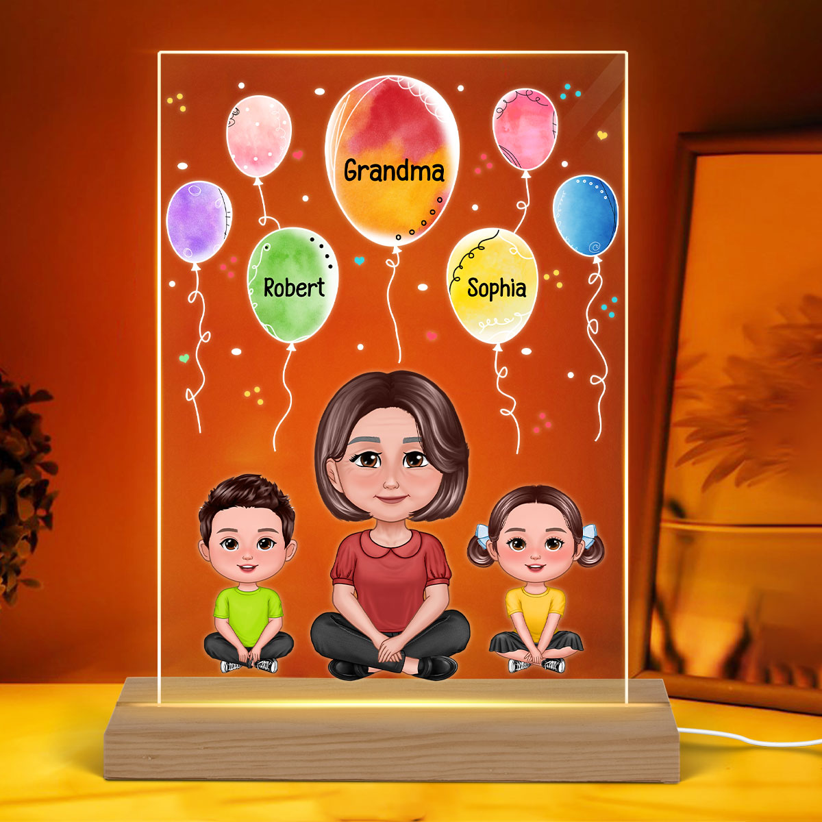 Pretty Grandma & Grandkids Sitting Watercolor Balloons Personalized Rectangle Acrylic Plaque With LED Night Light