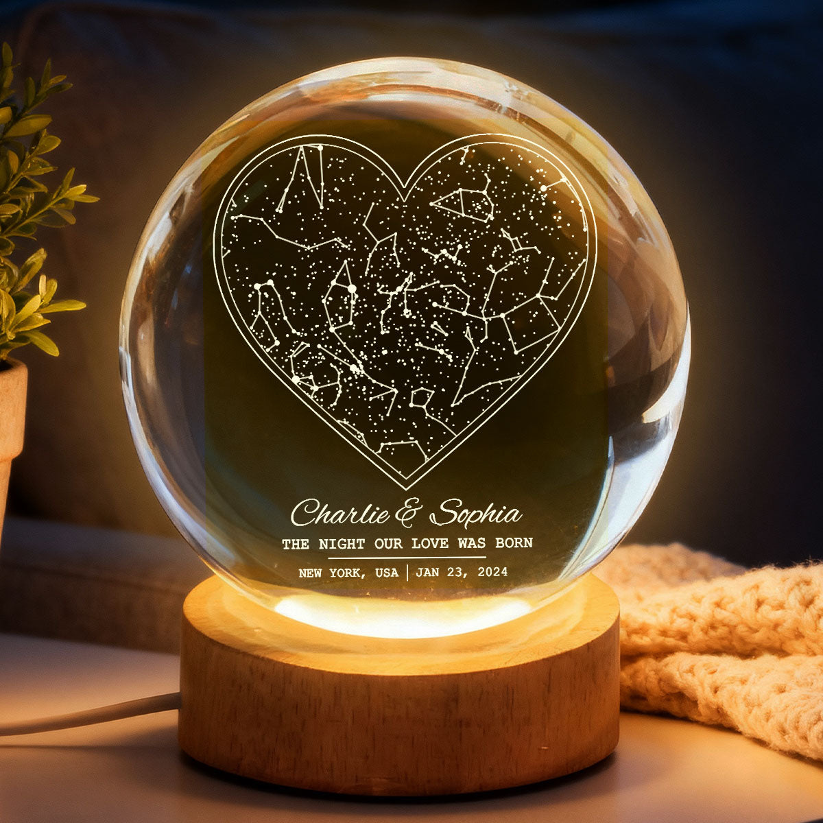 Star Map By Date Couple - Personalized Crystal Ball LED Night Light - Anniversary, Valentine's Day Gift, Gift For Him, Gift For Her