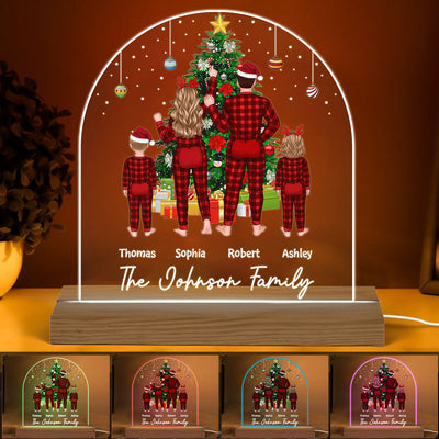 Family Pajamas Couple Kid Dog Cat Decorating Christmas Tree Personalized Custom Shaped Acrylic Plaque With LED Night Light